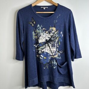 Jess & Jane Dragonfly Butterfly Print Tunic Top Sz S Blue Artsy Art to Wear Boho